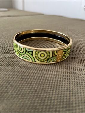 Gold-Tone Green Patterned Stroili Enamel Bangle Bracelet